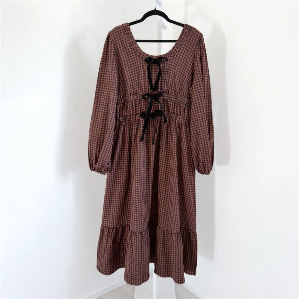 Bohme Gingham Plaid Maxi Dress Size XL Chocolate Brown Velvet Bow Peasant Boho